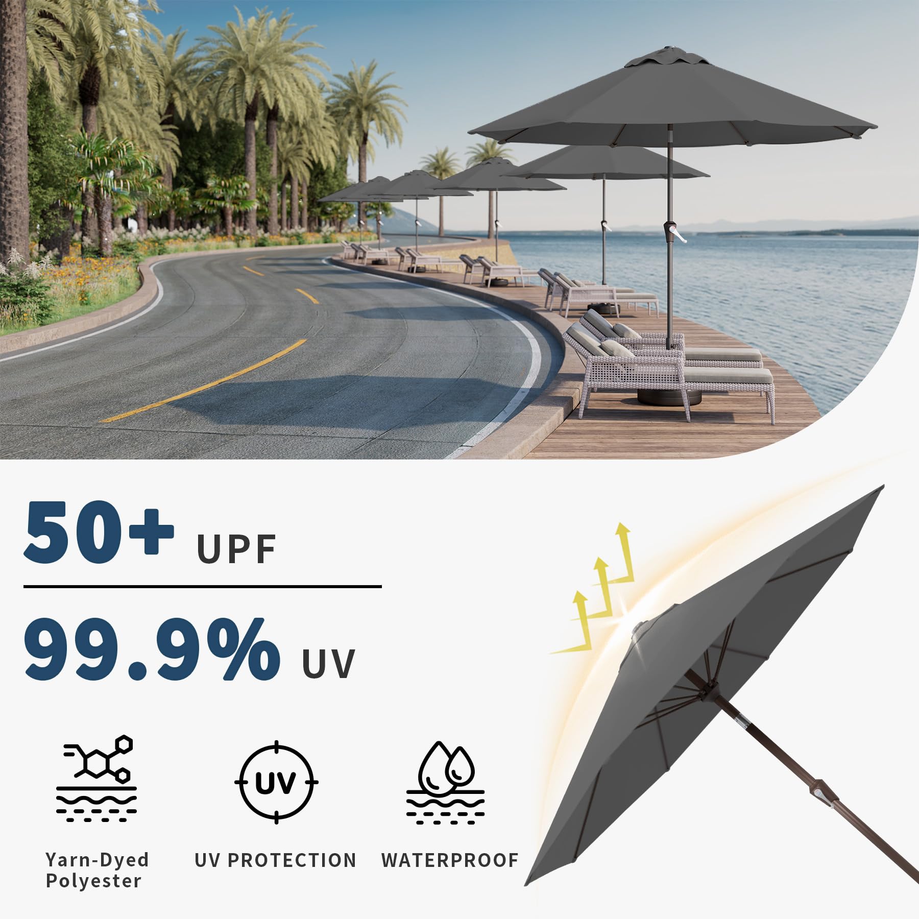 Patio Kingdom 9ft umbrella canopy fits patios, decks, and pool areas.