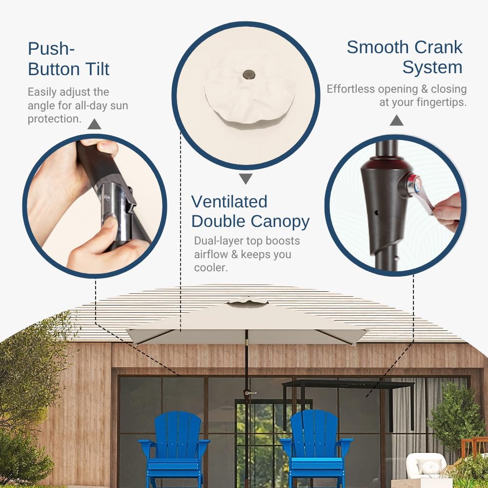 Patio Kingdom umbrella tilt button shows adjustable sun protection for seating areas.