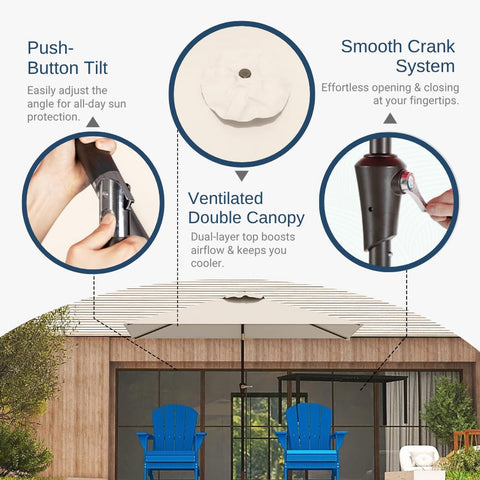 Patio Kingdom umbrella tilt button shows adjustable sun protection for seating areas.