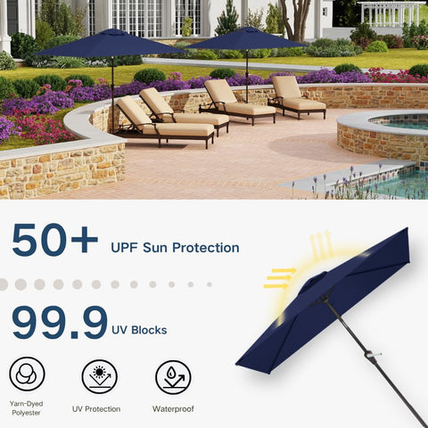 Patio Kingdom water-repellent canopy keeps seating dry.