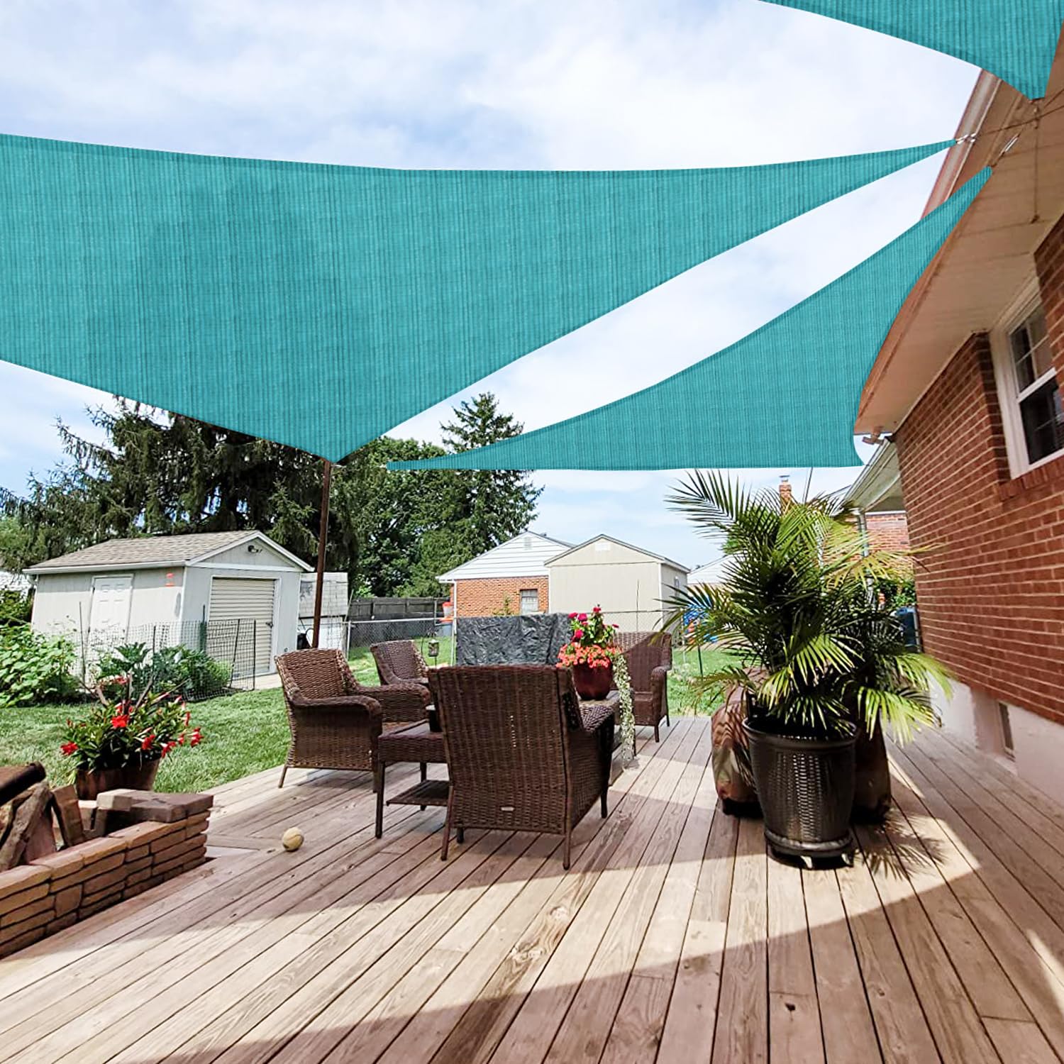 Patio Paradise turquoise triangle shade sail full outdoor shade view