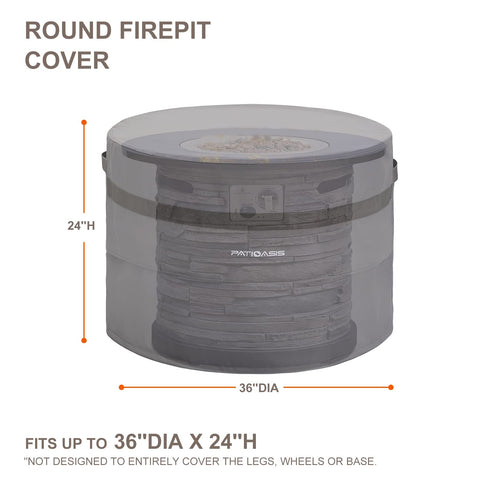 PATIOASIS cover with adjustable drawstrings secures round fire pits