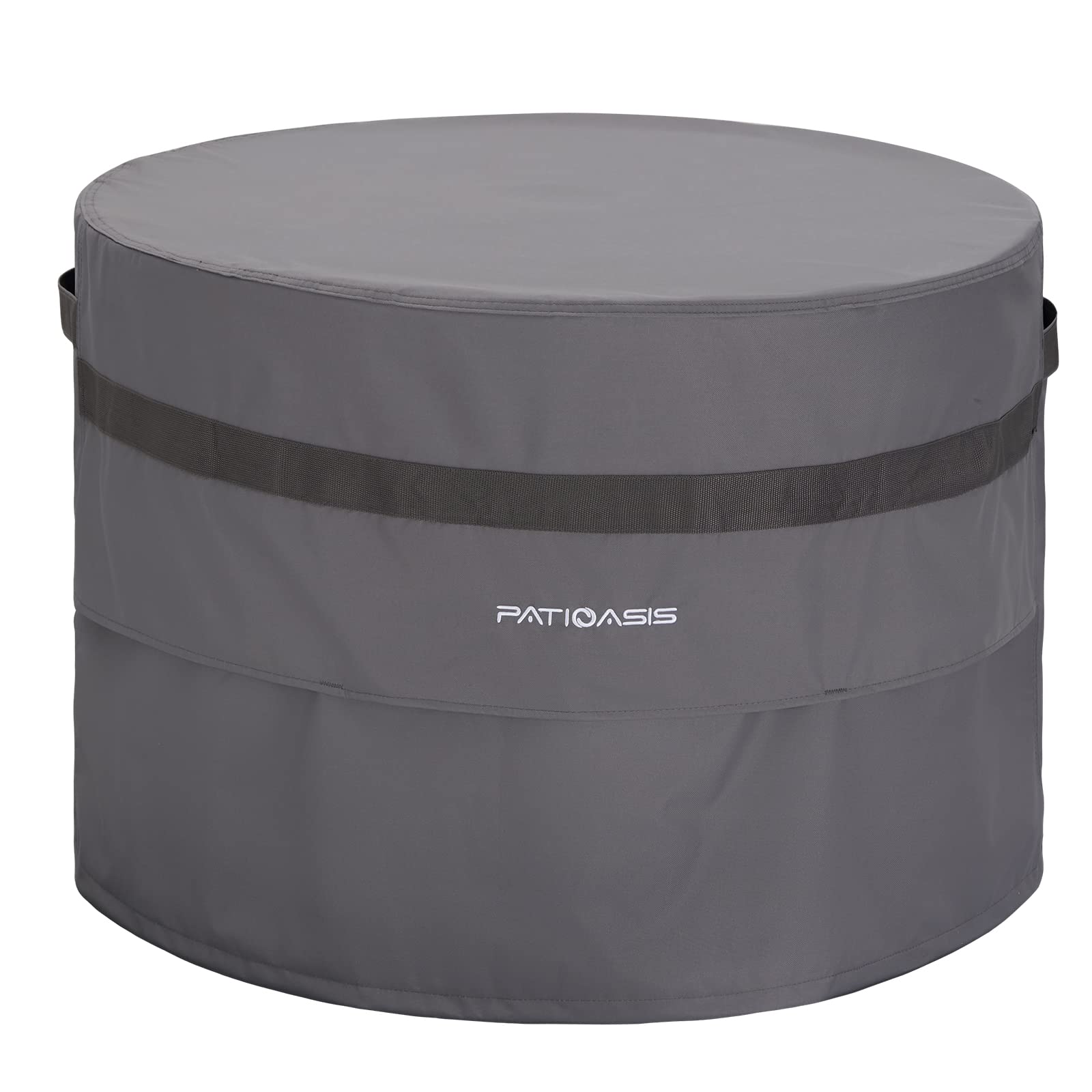 PATIOASIS grey round fire pit cover on patio protects from rain and dust