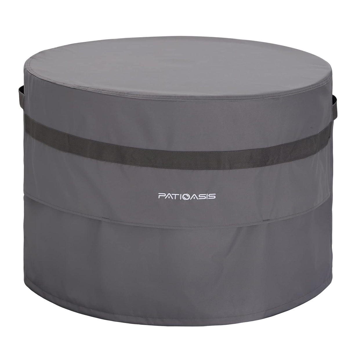 PATIOASIS grey round fire pit cover on patio protects from rain and dust