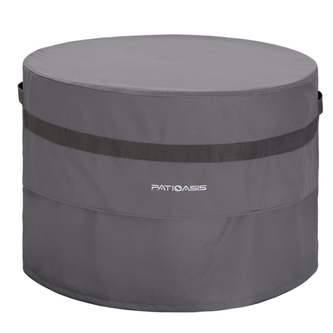 PATIOASIS grey round fire pit cover on patio protects from rain and dust