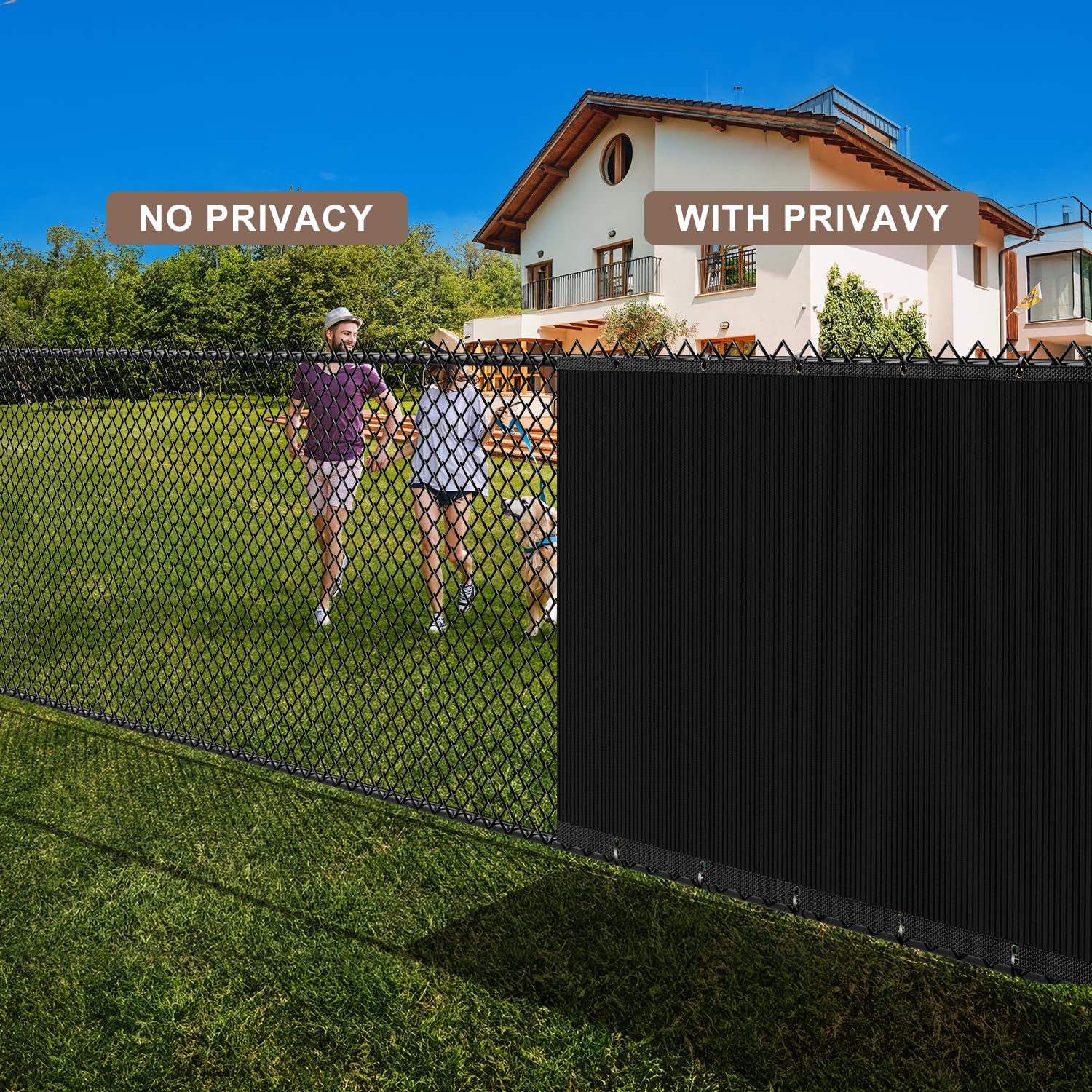 Patiobay brass grommets and even spacing ease fence attachment.