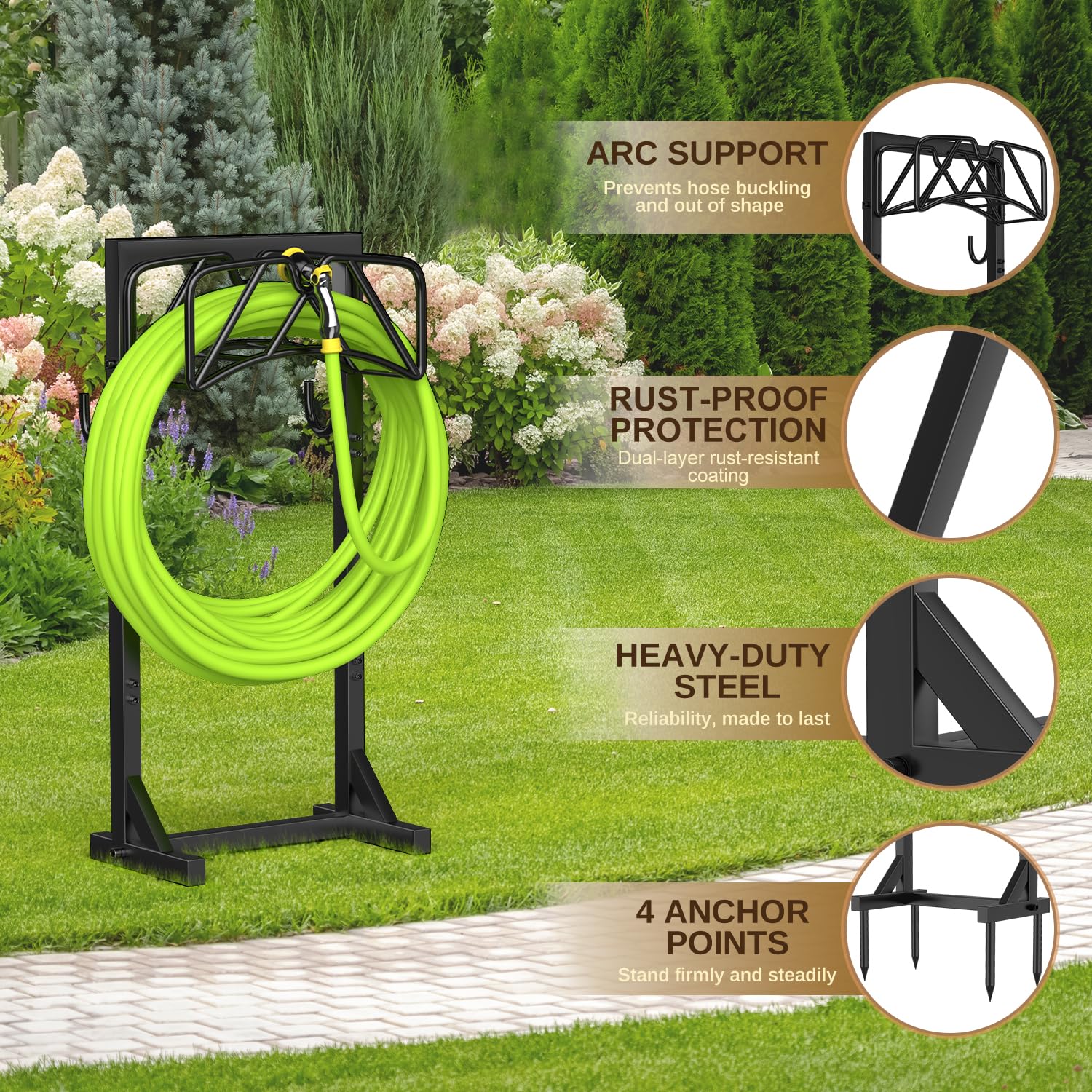 Patiobay heavy-duty hose stand with spikes anchors hoses securely outdoors.