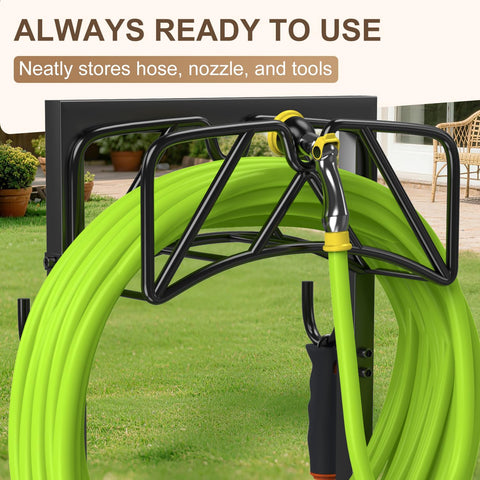 Patiobay hose storage with side hooks for tools and spray nozzles.