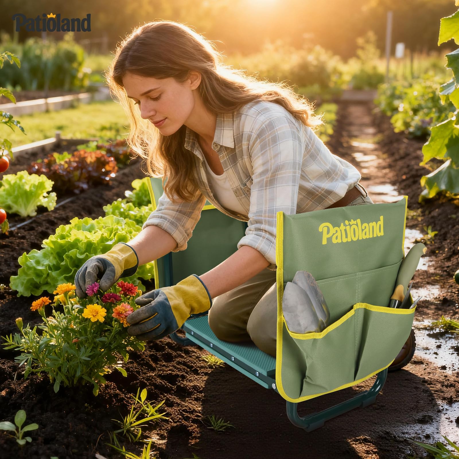 Patioland garden kneeler metal frame offers stable support for yard tasks.