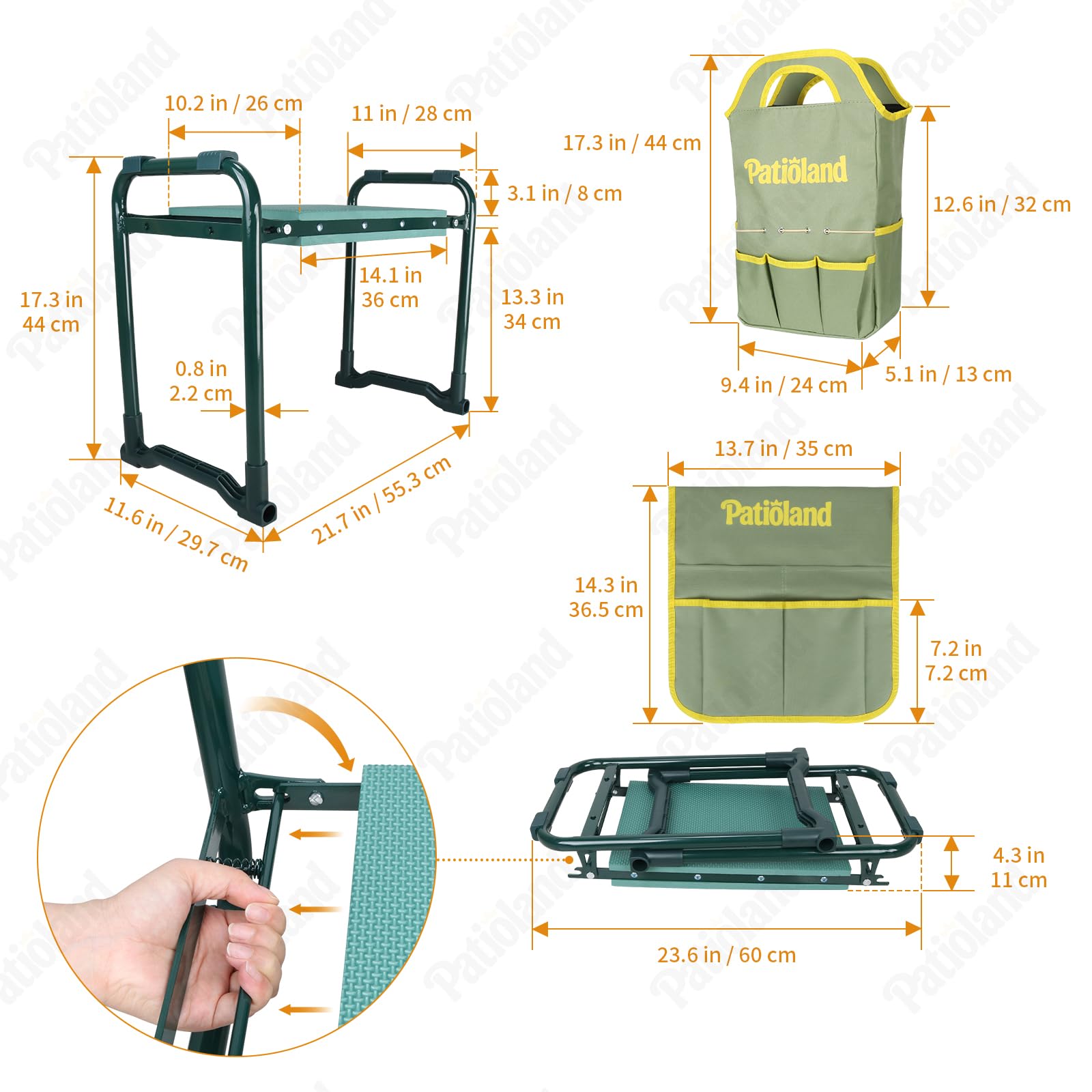 Patioland side tool bag keeps gloves and seeds organized for gardening.