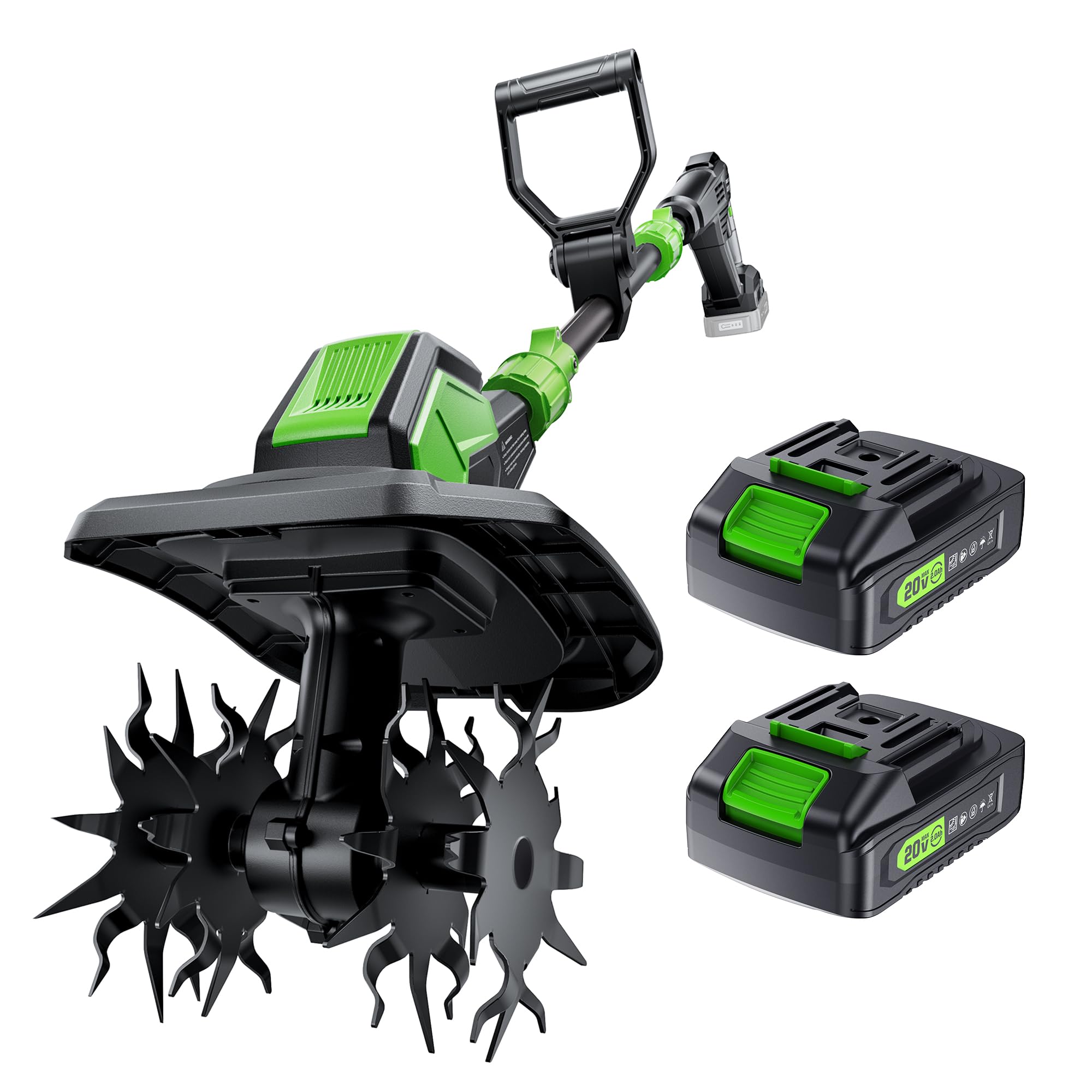Patoolio 20V cordless tiller with 9-inch width for efficient soil prep.