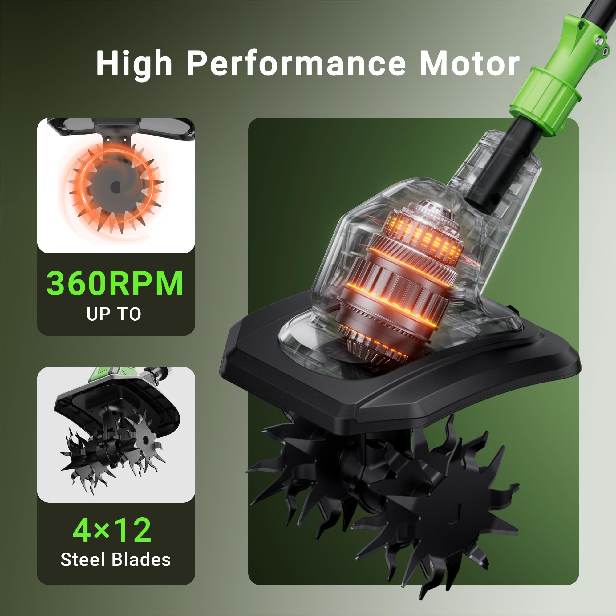 Patoolio 360RPM motor powers quick soil turning and mixing.