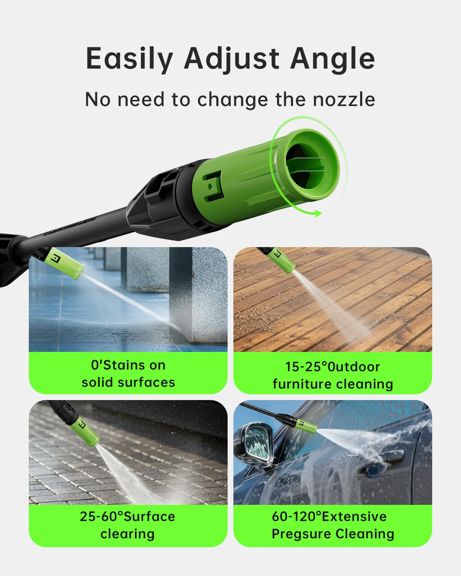 Patoolio pressure washer adjustable spray 0-120 degrees for delicate to tough jobs.