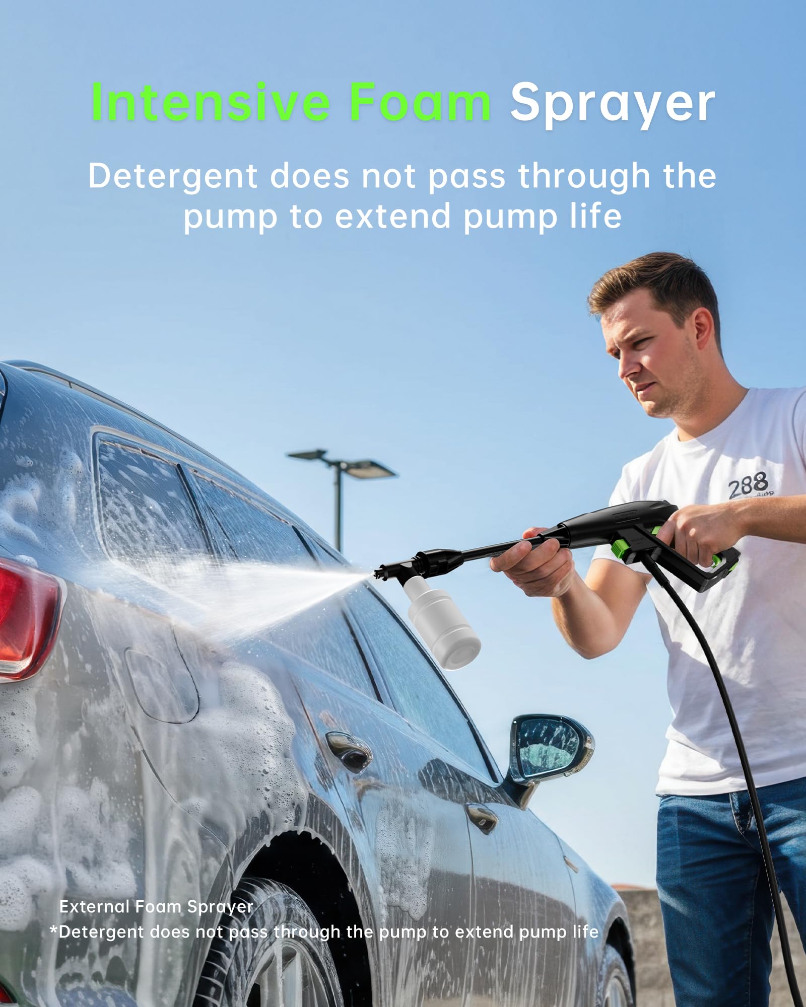 Patoolio foam cannon attachment creating dense foam for efficient surface cleaning.