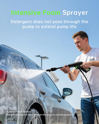 Patoolio foam cannon attachment creating dense foam for efficient surface cleaning.