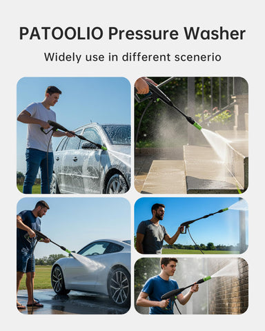 Patoolio washer drawing water from a bucket for flexible setup away from taps.