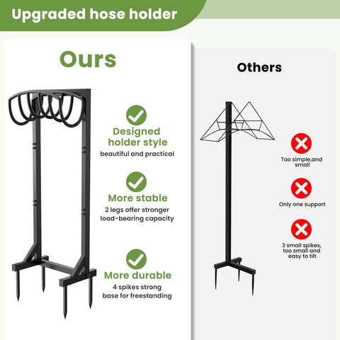 Pattiumo garden hose holder stand with four spikes anchoring into soil for stability.
