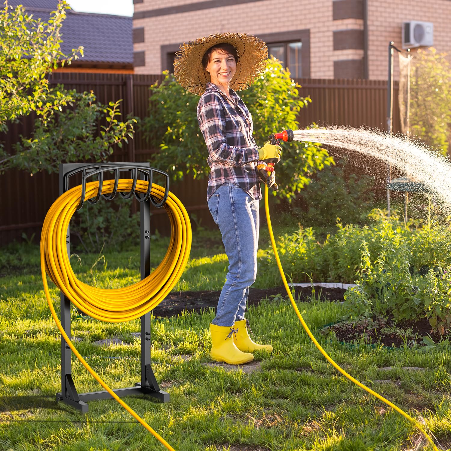 Pattiumo garden hose holder stand installed near a patio for easy access.
