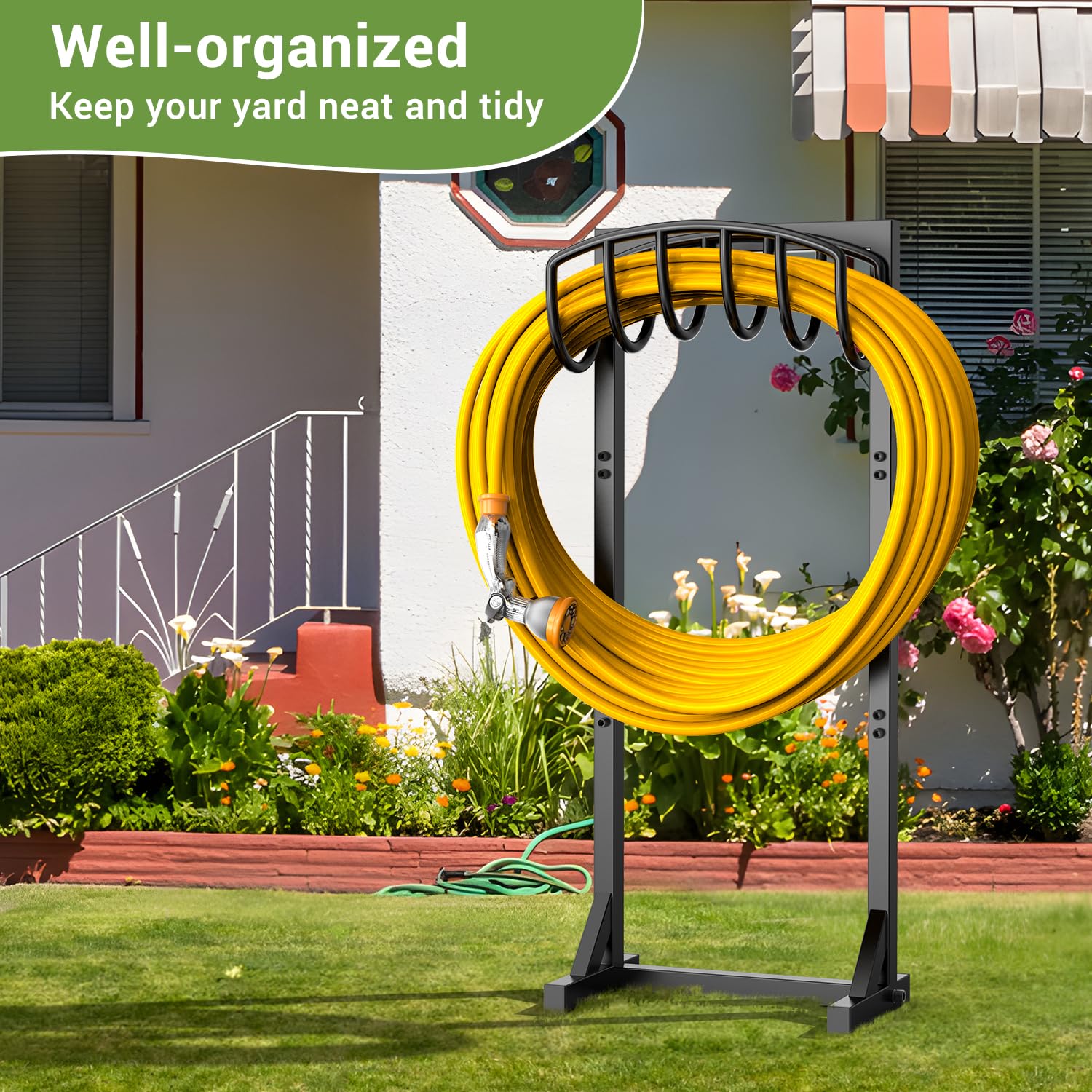 Pattiumo garden hose holder stand placed in a yard for organized watering.