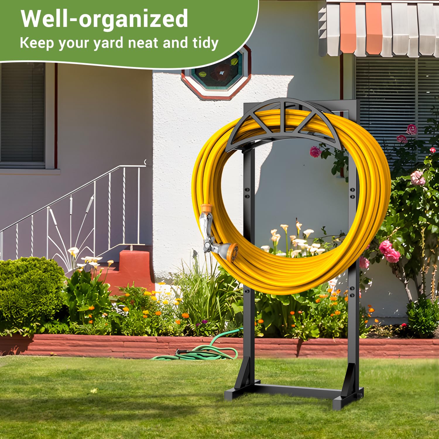 Pattiumo heavy-duty metal hose stand resists rust for outdoor durability