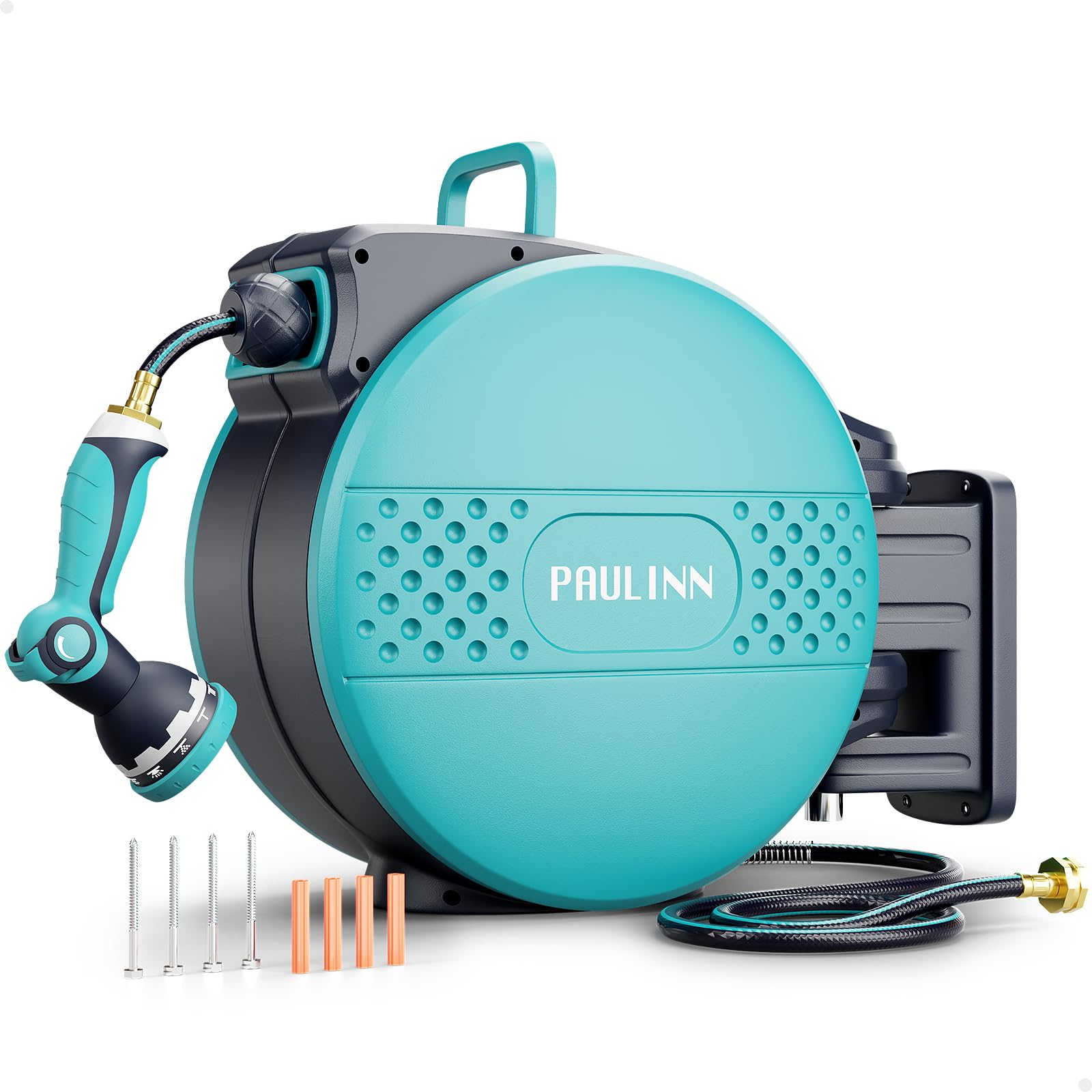 PAULINN wall-mounted retractable hose reel stays organized and reachable.
