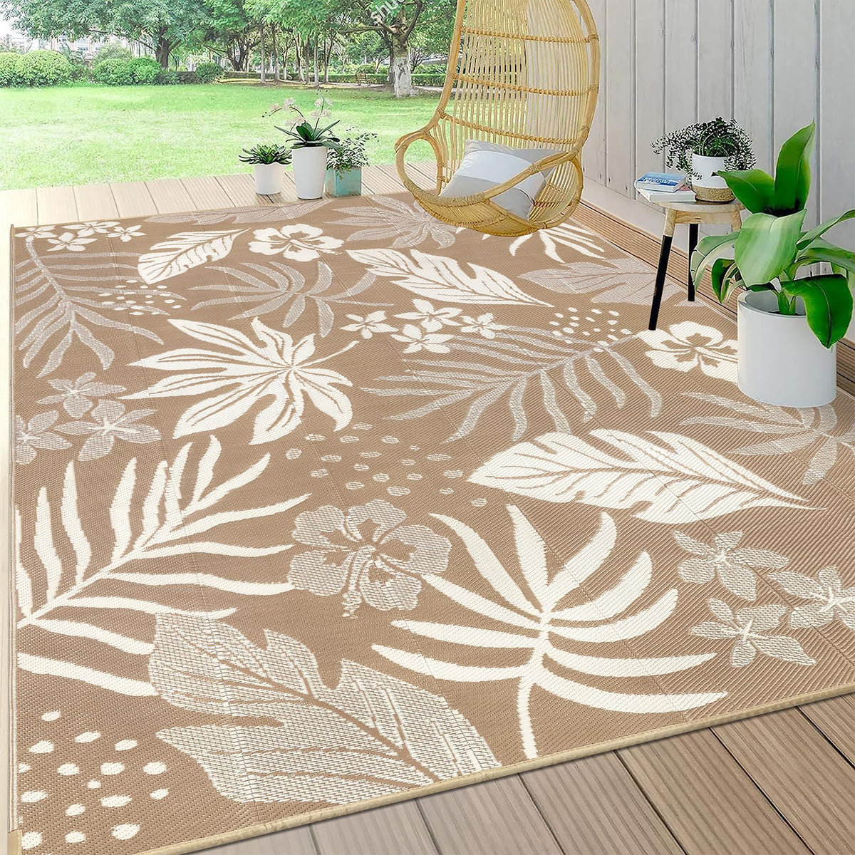 Pauwer 9x12 outdoor rug full view with double-sided floral design for quick refresh