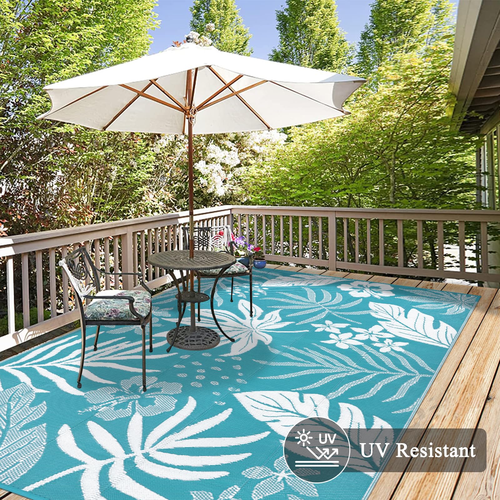 Pauwer floral-teal pattern close-up highlighting durable UV-protected material.
