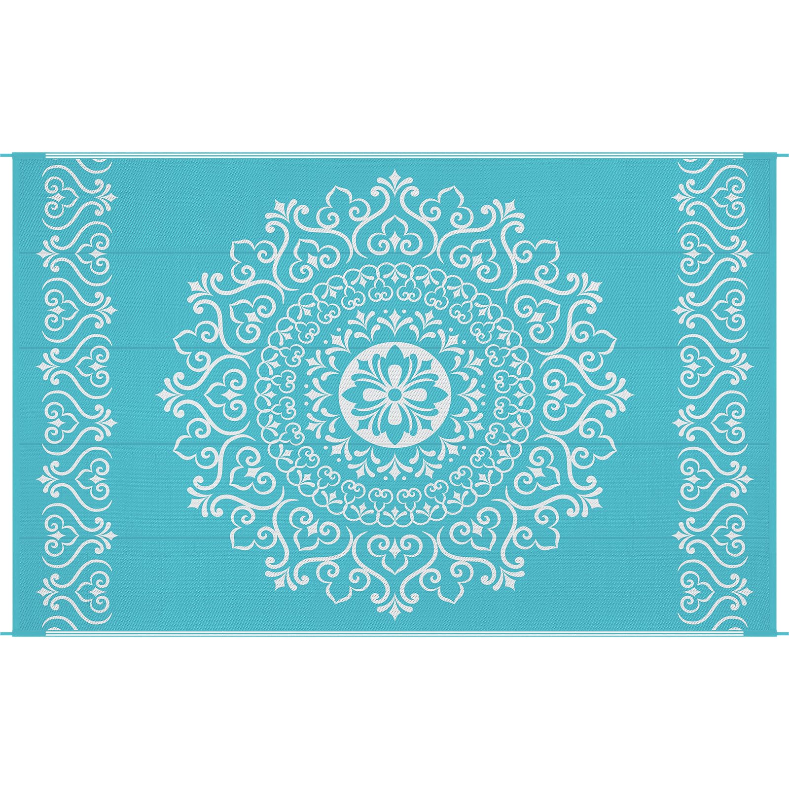 Pauwer floral teal reversible rug in action for everyday outdoor spaces.