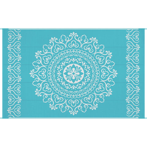 Pauwer floral teal reversible rug in action for everyday outdoor spaces.