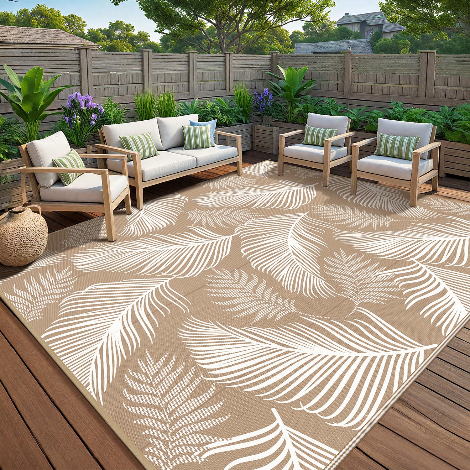Pauwer leaf brown outdoor rug with dual-sided leaves for patios and decks.