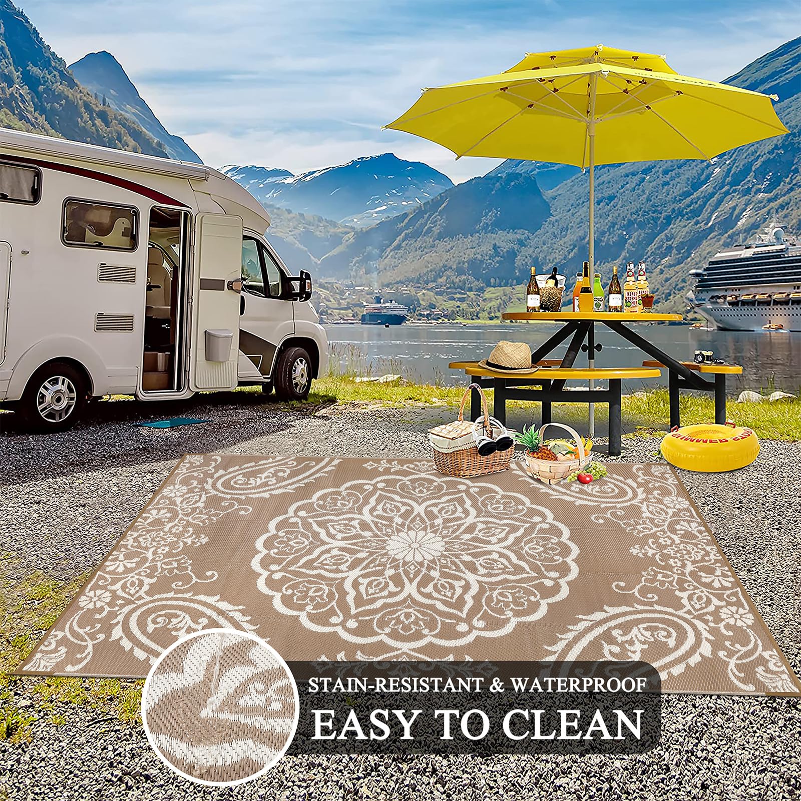 Pauwer lightweight rug with carrying bag; ideal for camping and RV trips.