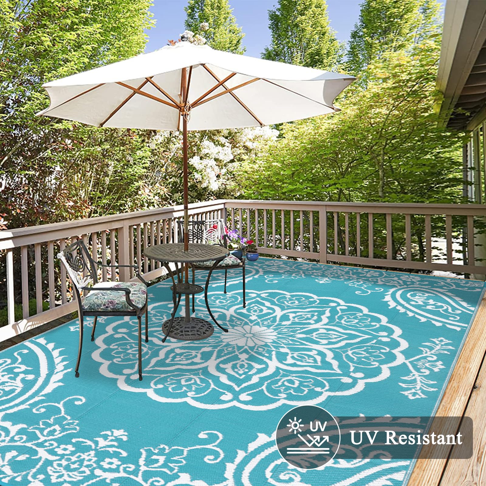 Pauwer boho teal rug on patio scene for versatile outdoor living