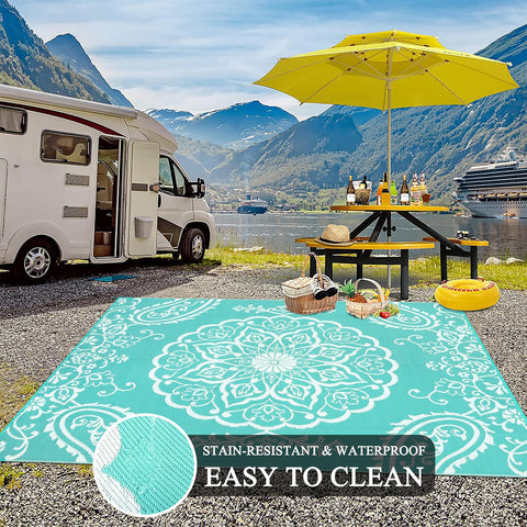 Pauwer 8x10 lightweight rug with carrying bag for easy transport.