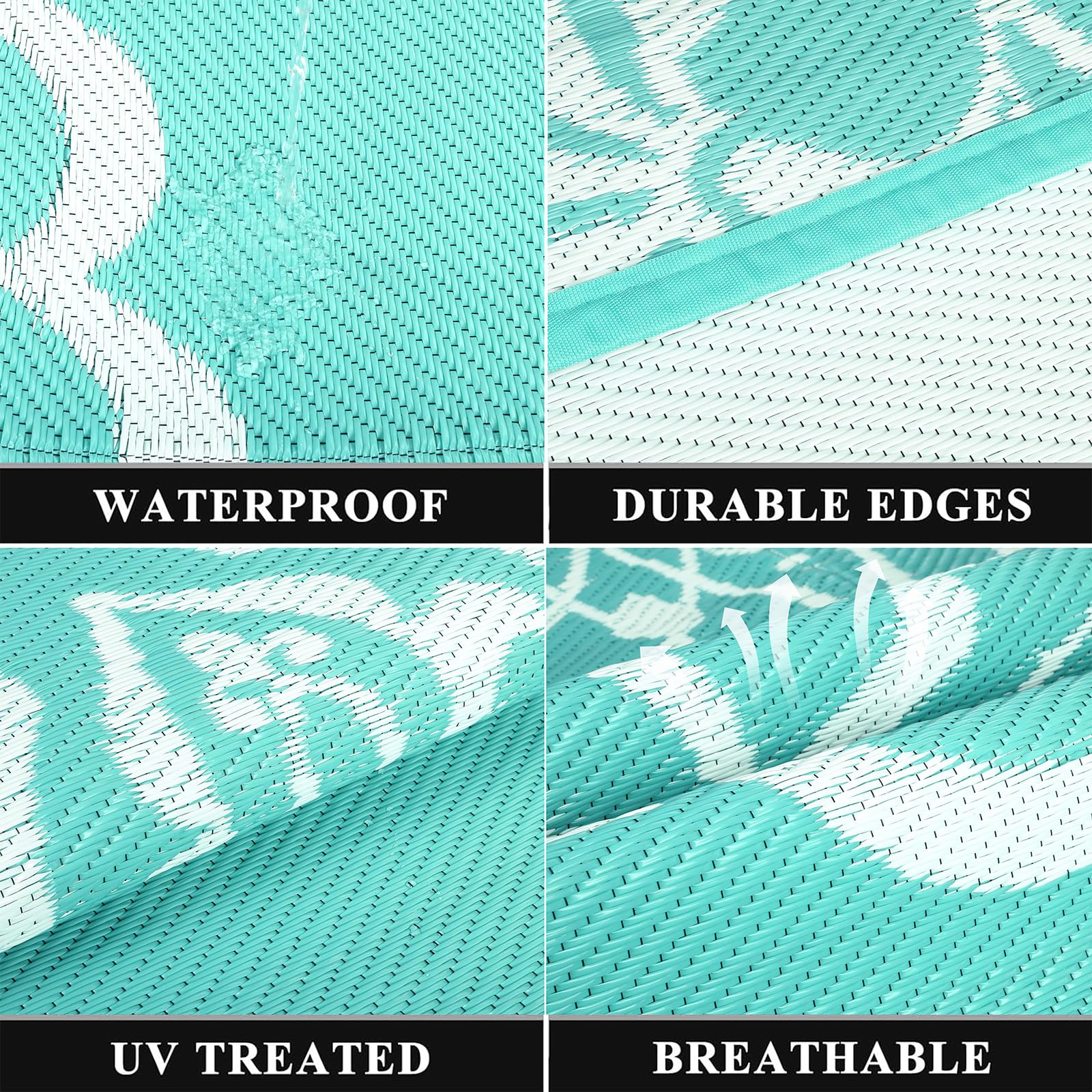 Pauwer 8x10 rug close-up on waterproof material, suitable for outdoor wear.
