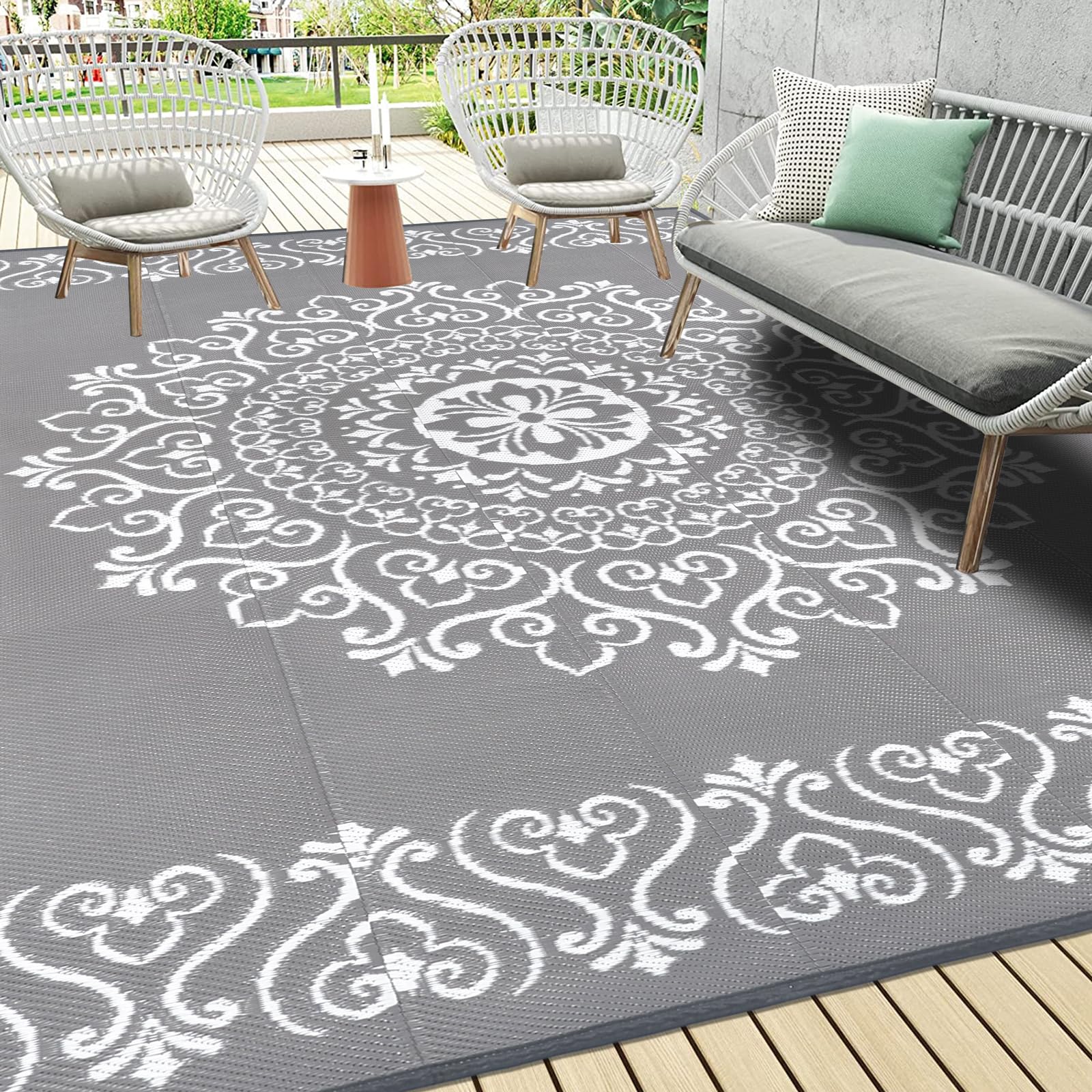 Pauwer outdoor rug 9x12 floral grey, durable and weather-resistant for patios.