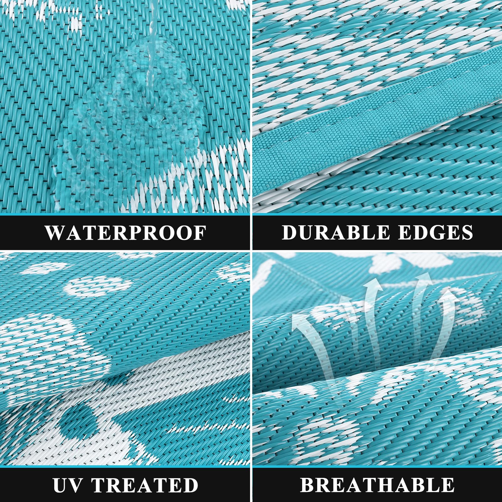 Pauwer outdoor rug shown with carry bag for easy transport and storage.