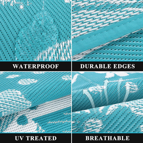 Pauwer outdoor rug shown with carry bag for easy transport and storage.