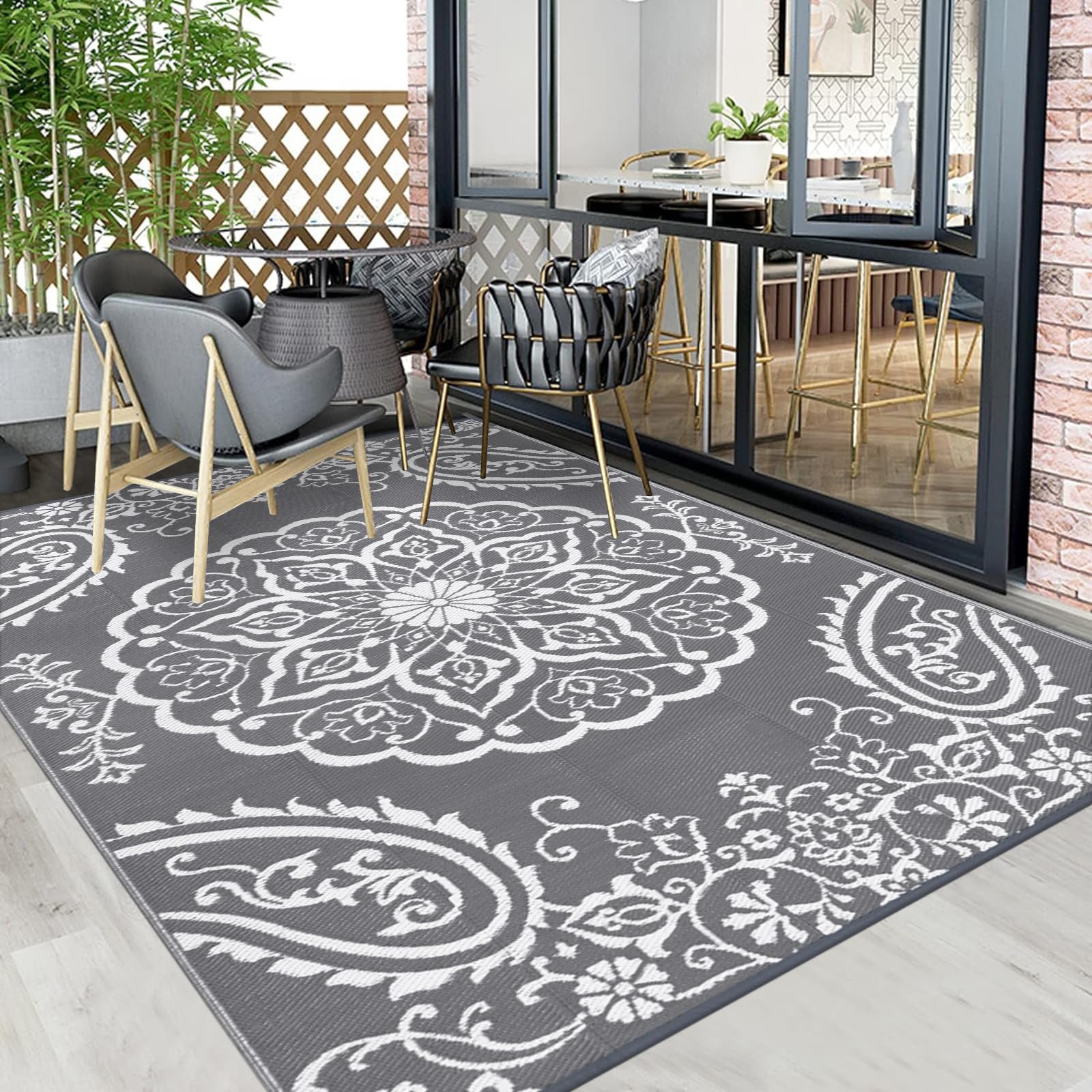 Pauwer boho grey rug suits patios, decks, balconies.