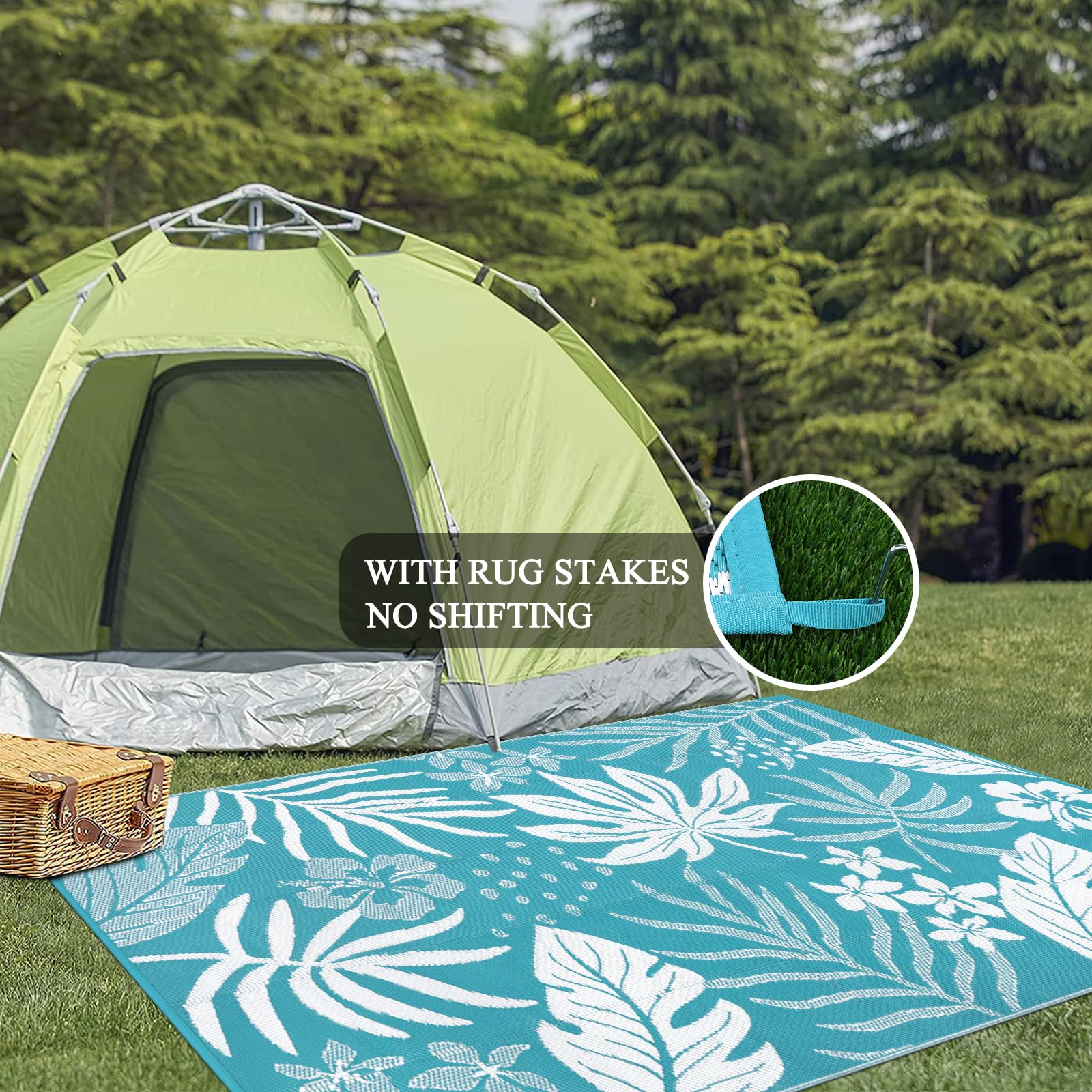 Pauwer patio scene on deck with teal floral rug for stylish outdoor living.