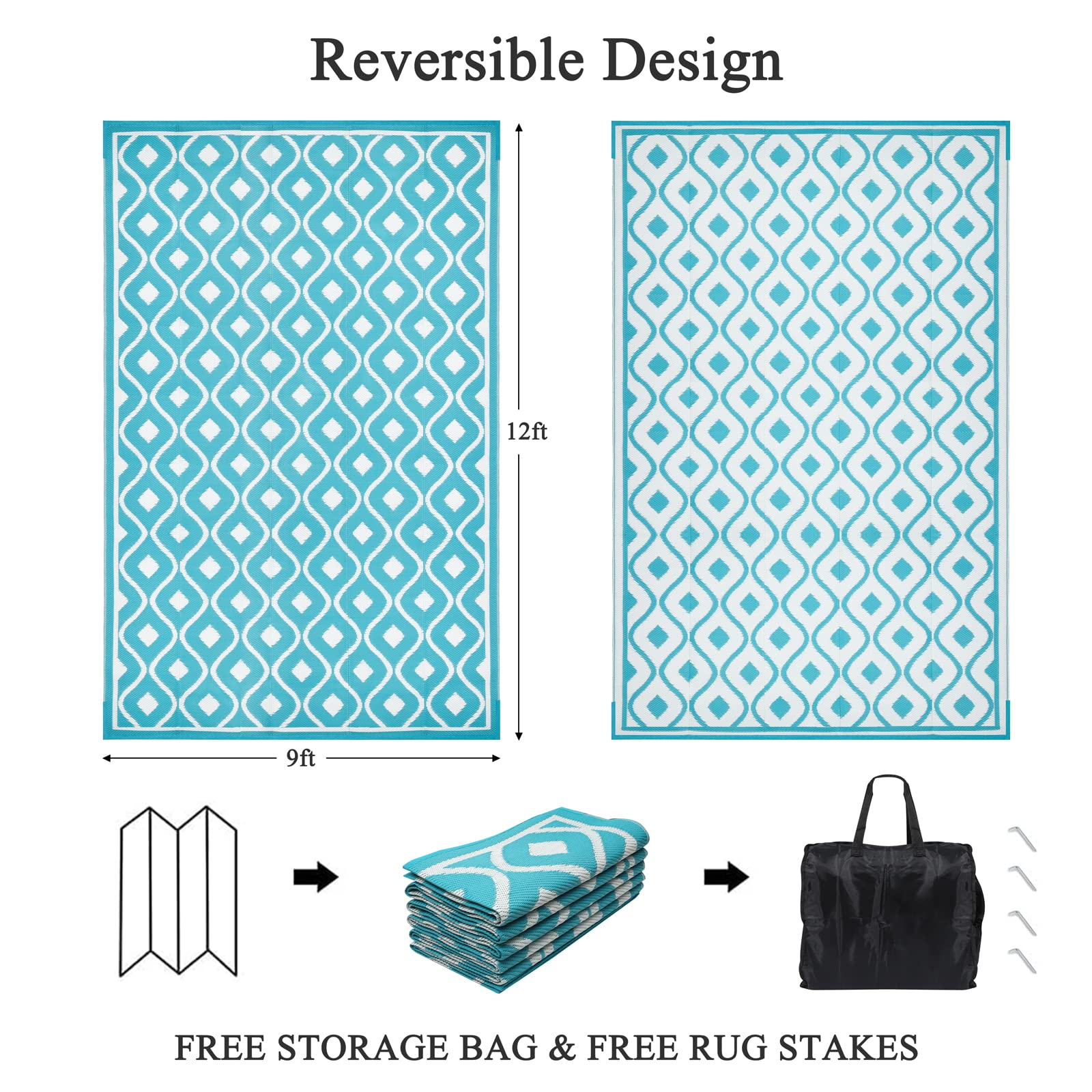 Pauwer plastic straw pattern teal rug for durable waterproof outdoor use.