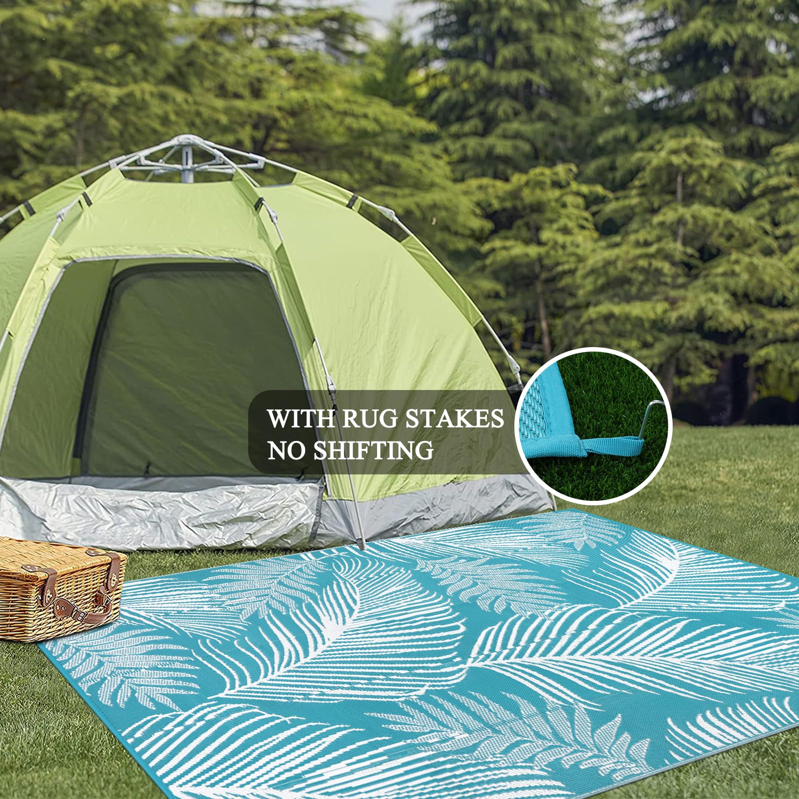 Pauwer leaf teal rug demonstrates UV protection preserving vibrant color.