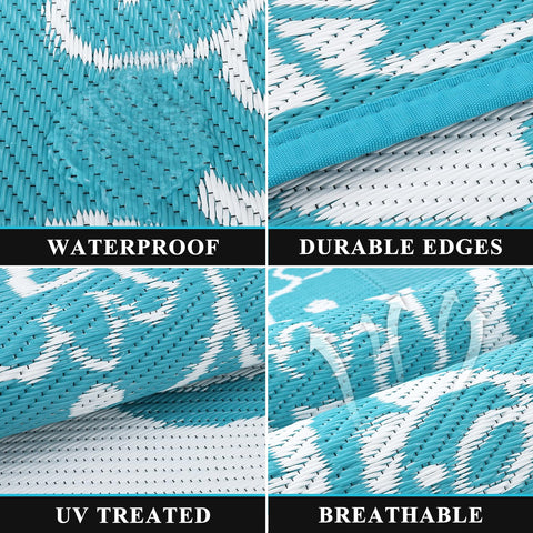 Pauwer reversible patio rug with floral pattern, showcasing two decorative sides.