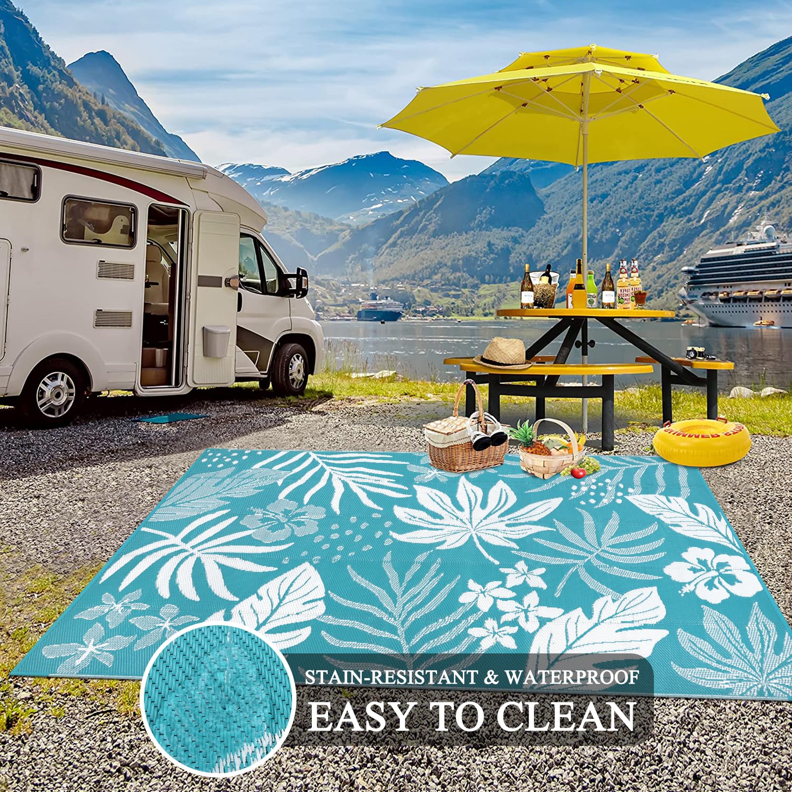 Pauwer rug in RV camping setup demonstrating portability and quick setup.