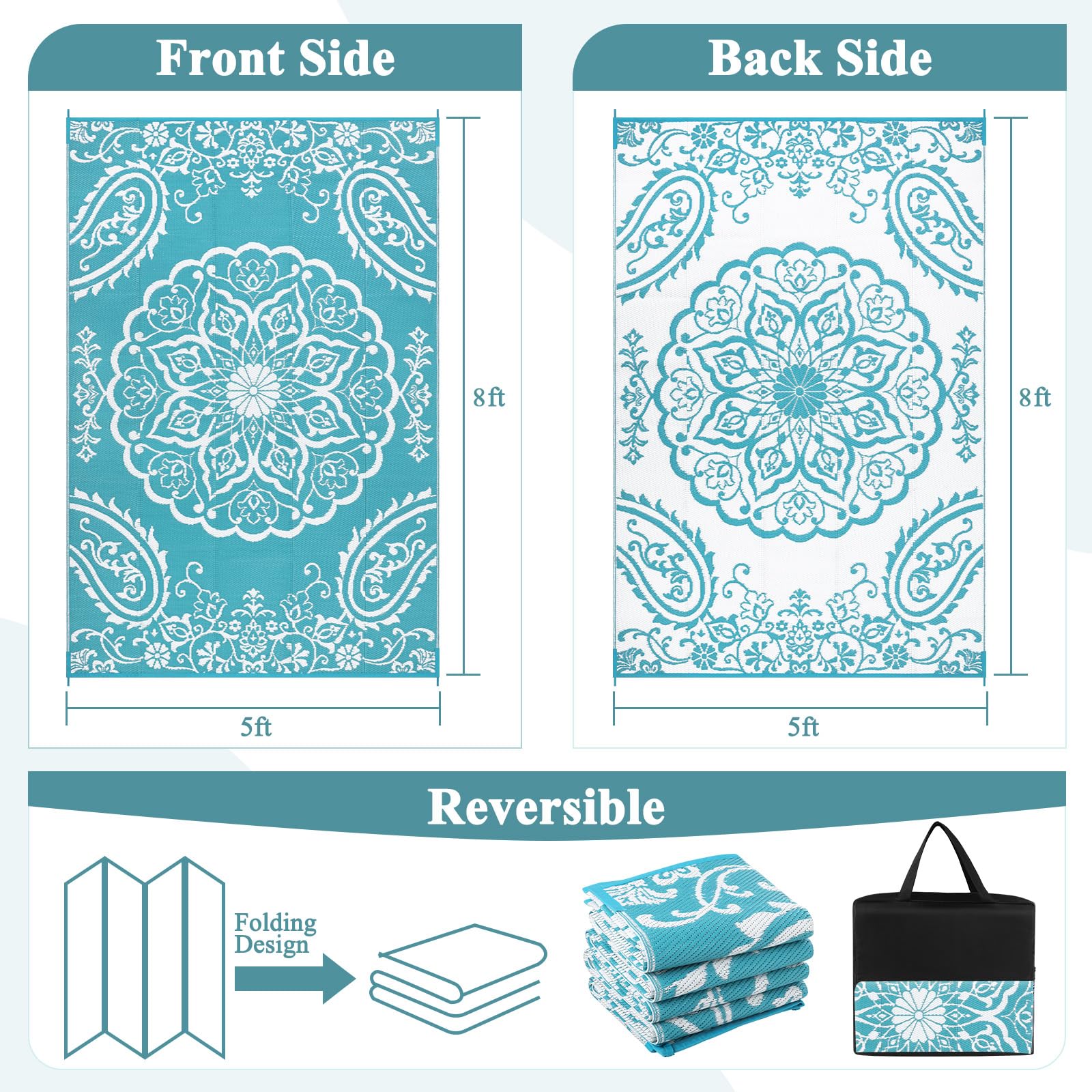 Pauwer RV mat outdoors on deck, illustrating portability and outdoor use.