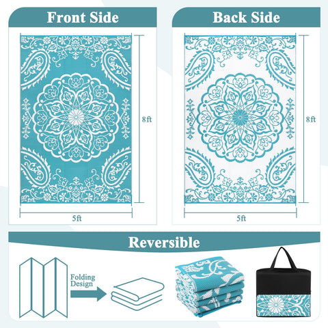 Pauwer RV mat outdoors on deck, illustrating portability and outdoor use.