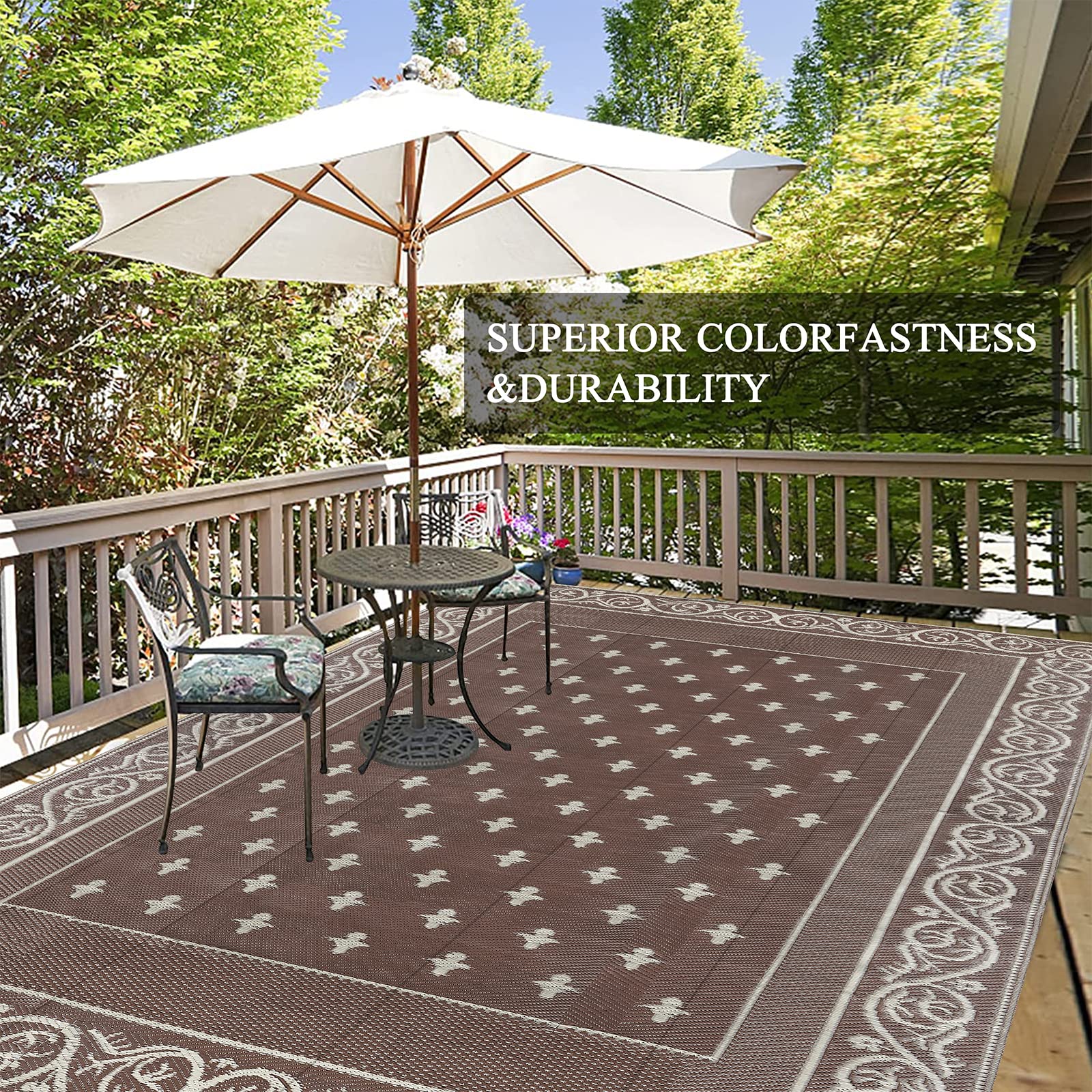 Pauwer RV patio beach-use rug with stakes for secure placement