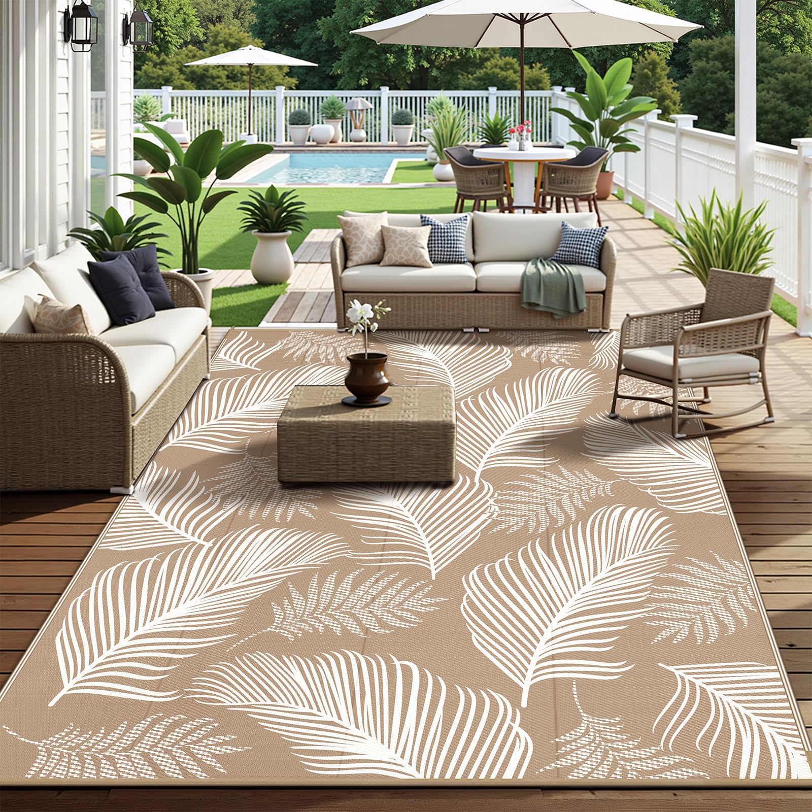 Pauwer stain-resistant, UV-coated rug maintains color for outdoor use.