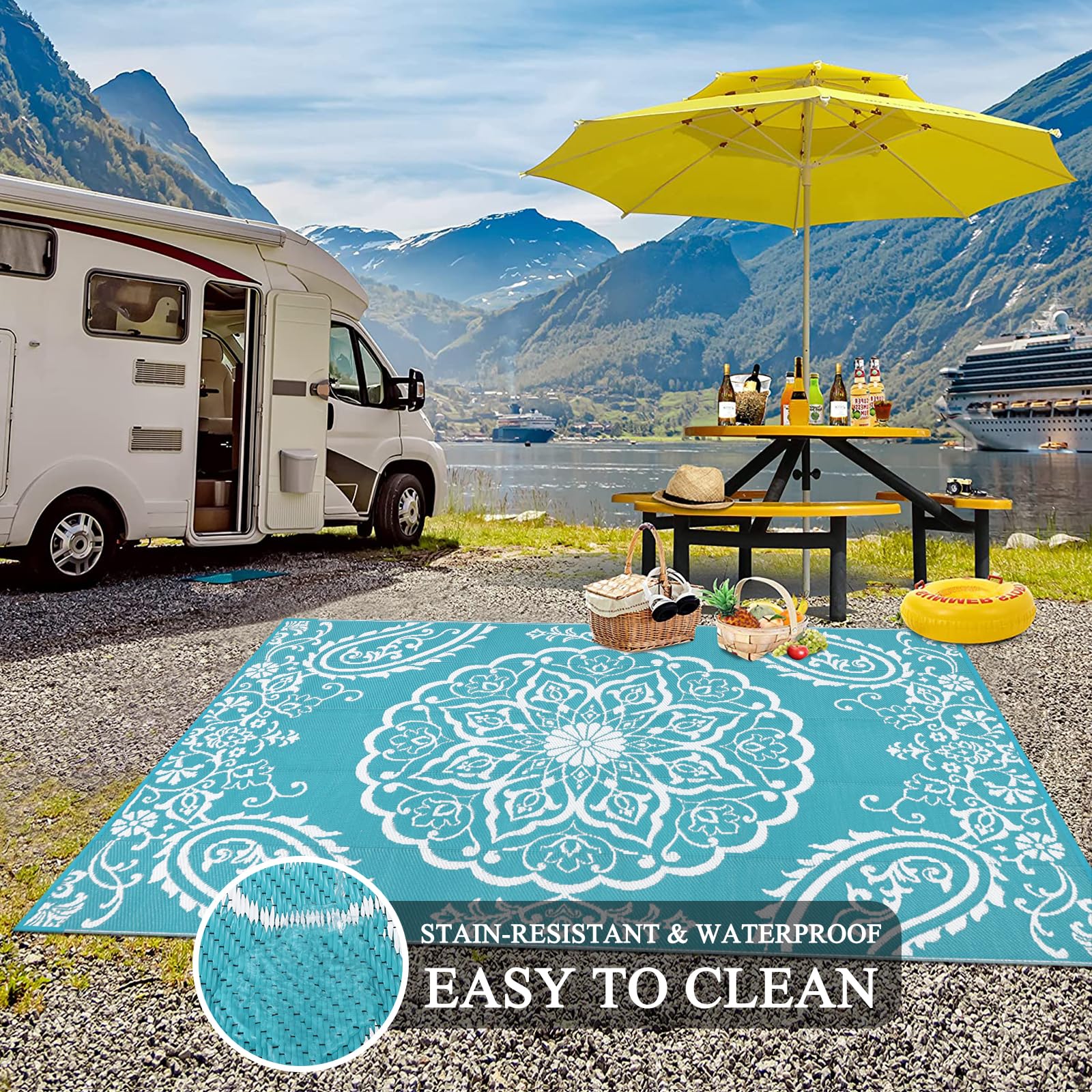 Pauwer rug stakes secure placement on a breeze-friendly deck or campsite.