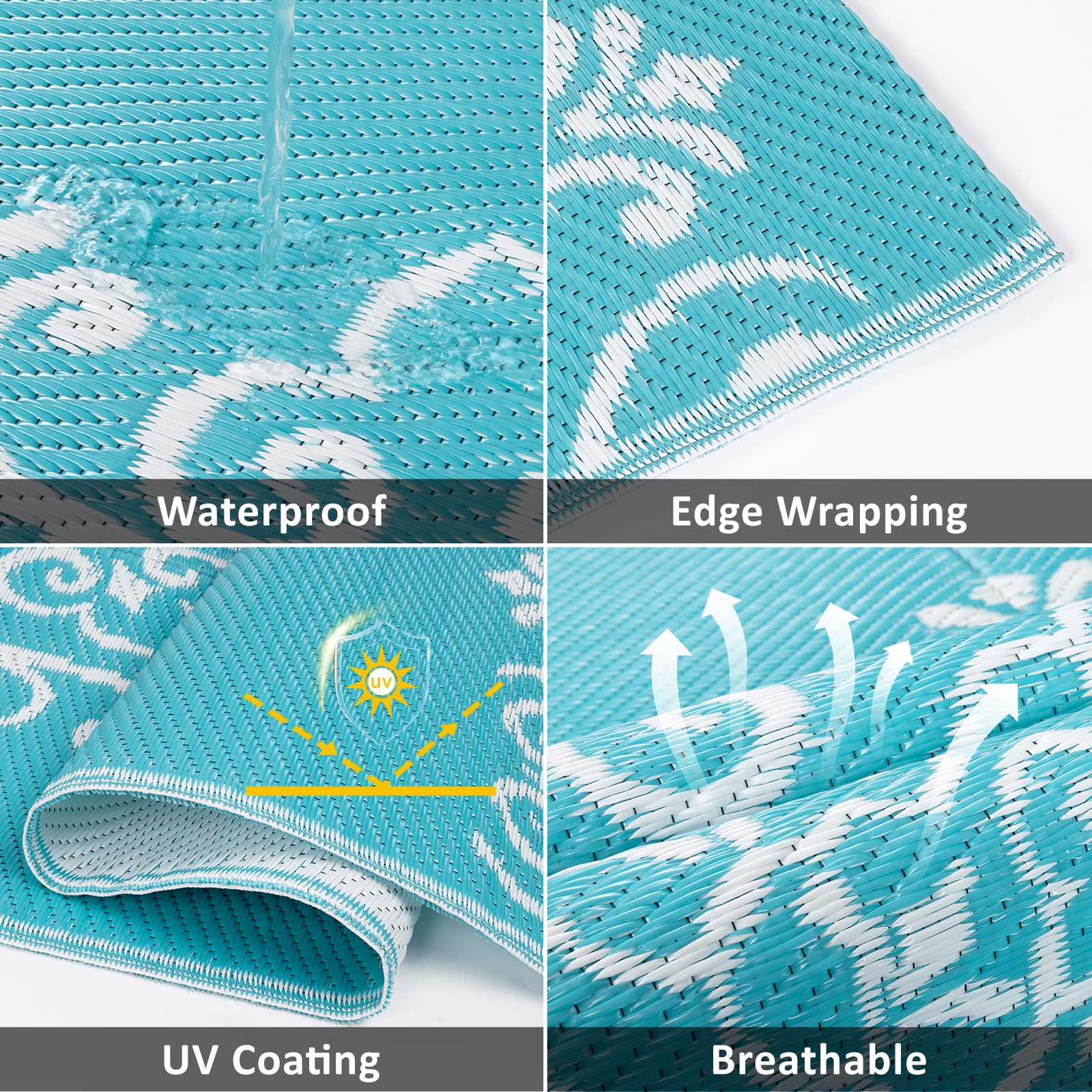 Pauwer rug's UV coating preserves color and vibrancy outdoors.