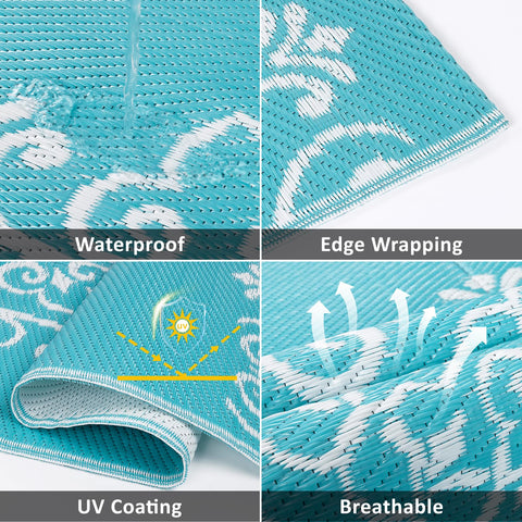 Pauwer rug's UV coating preserves color and vibrancy outdoors.